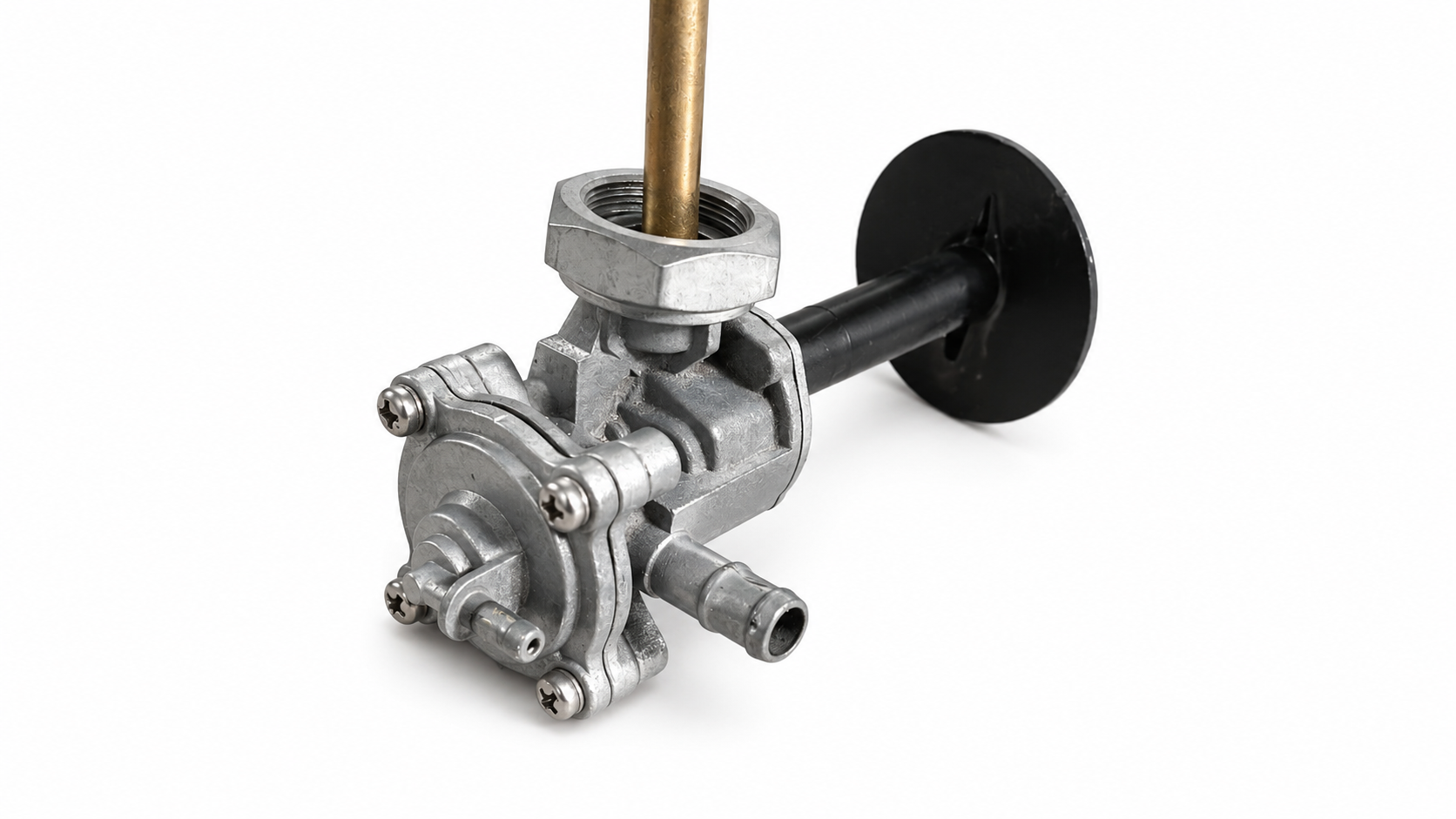 Restored motorcycle fuel tap with a clean satin vapour-blasted aluminium body and fittings