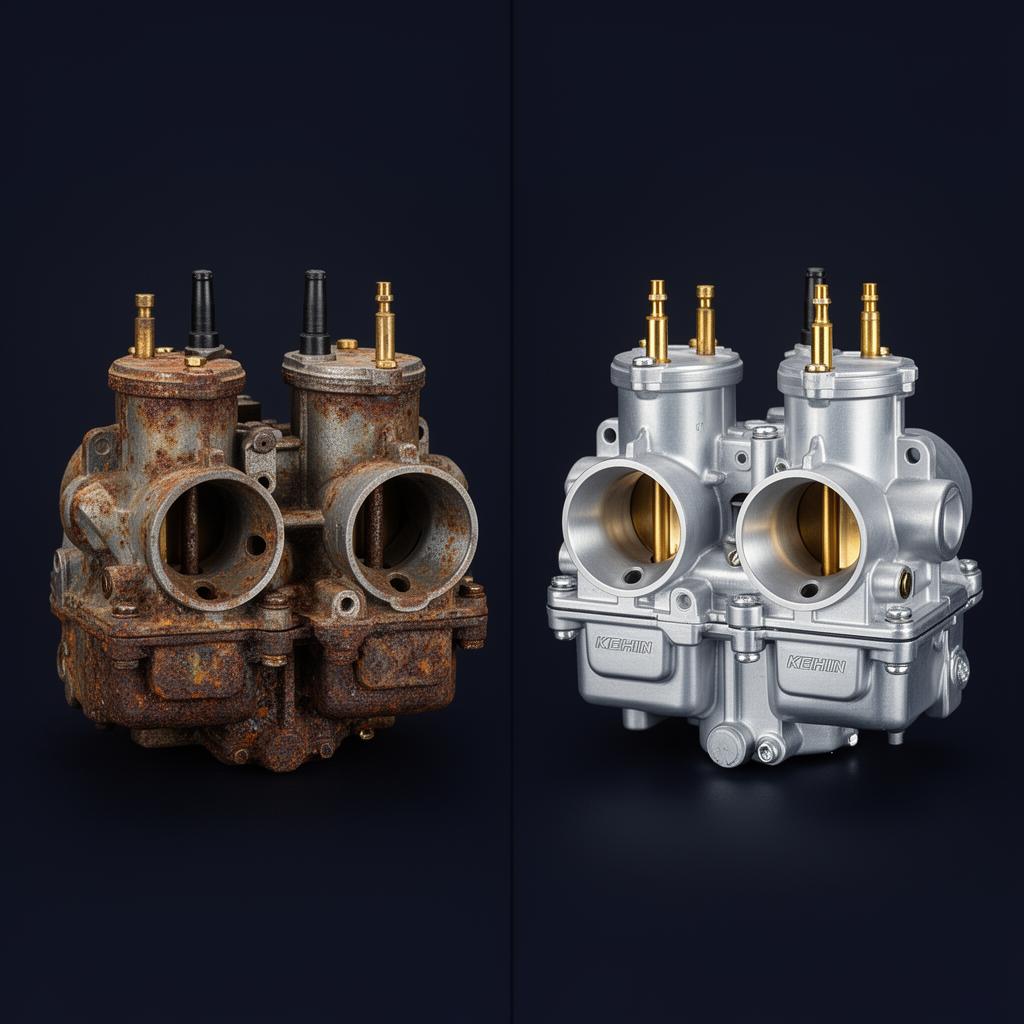Before and after restoration of a bank of Keihin motorcycle carburettors