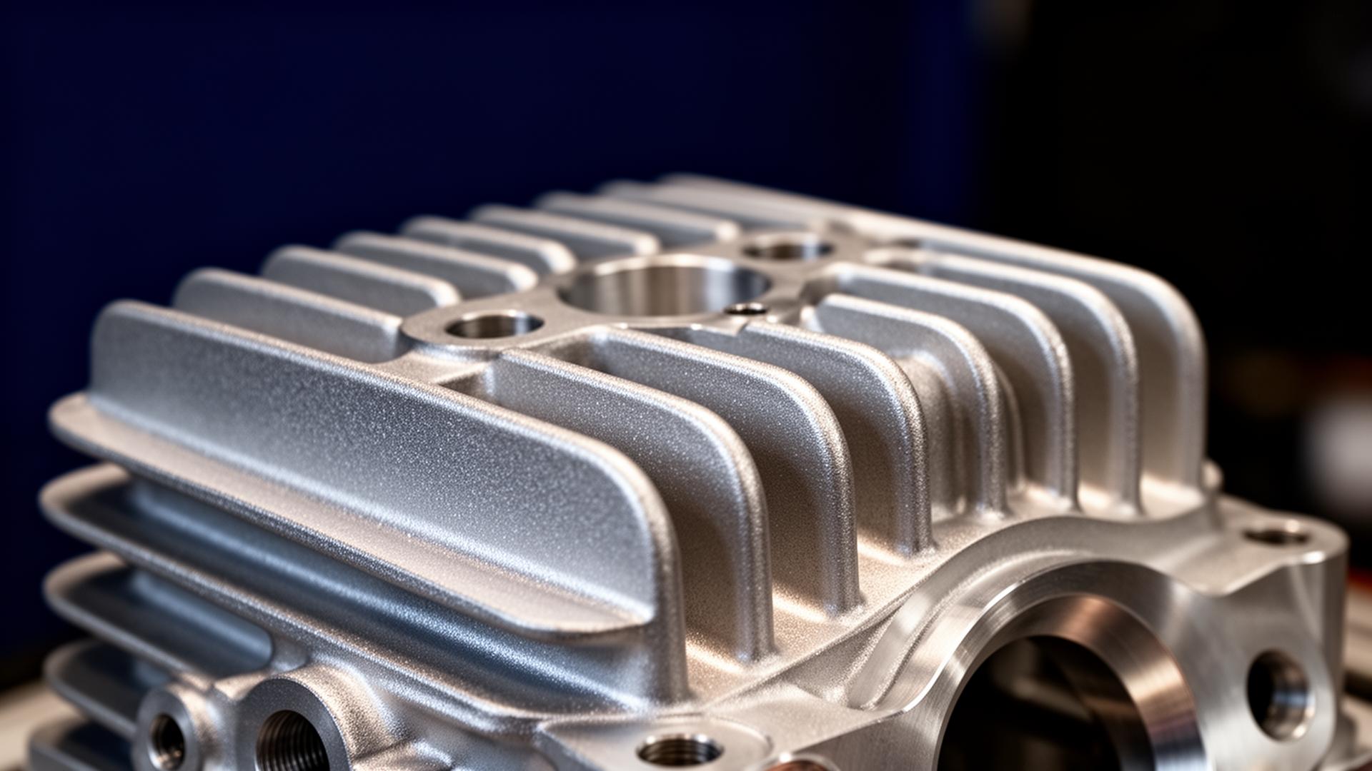 Freshly vapour-blasted aluminium motorcycle cylinder head with satin micro-textured finish